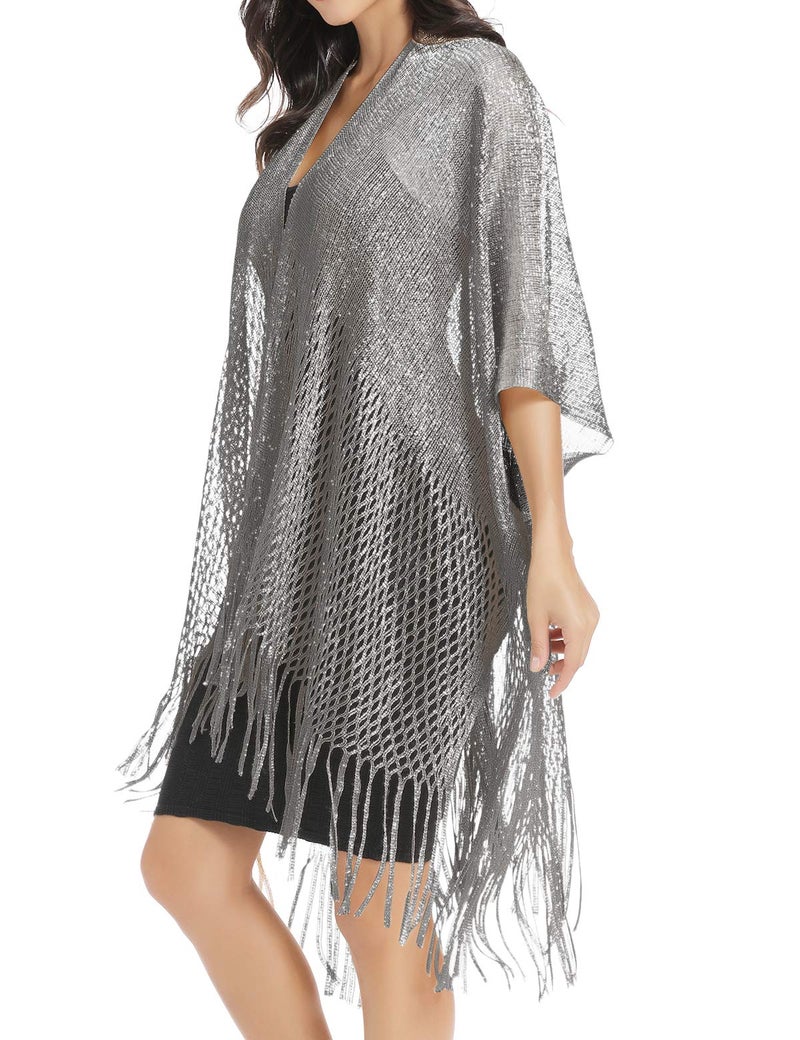 Rheane Silver Shawl for Women Kimono Cardigan Silver Shawl Wrap Swim Cover Up for Women Formal Cover Up For Evening Event - Image 3